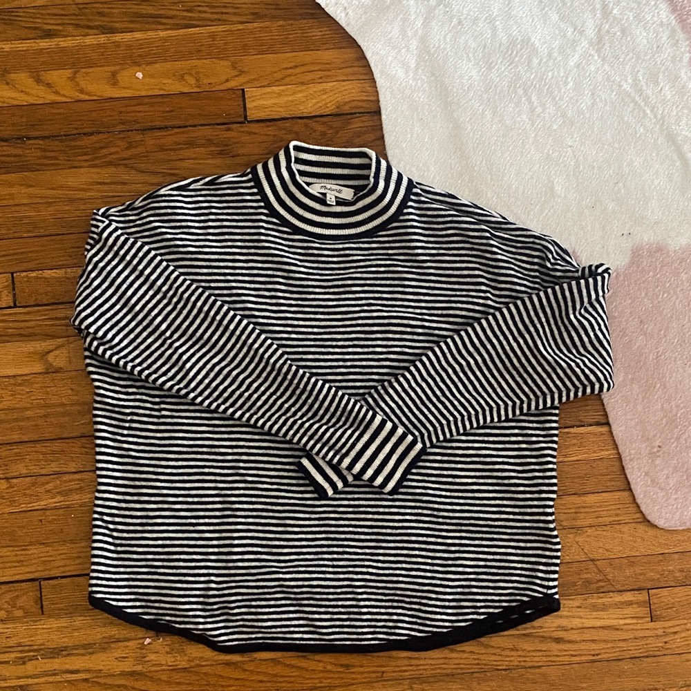 Madewell Merino and Alpaca Blend Navy and White Striped Mockneck